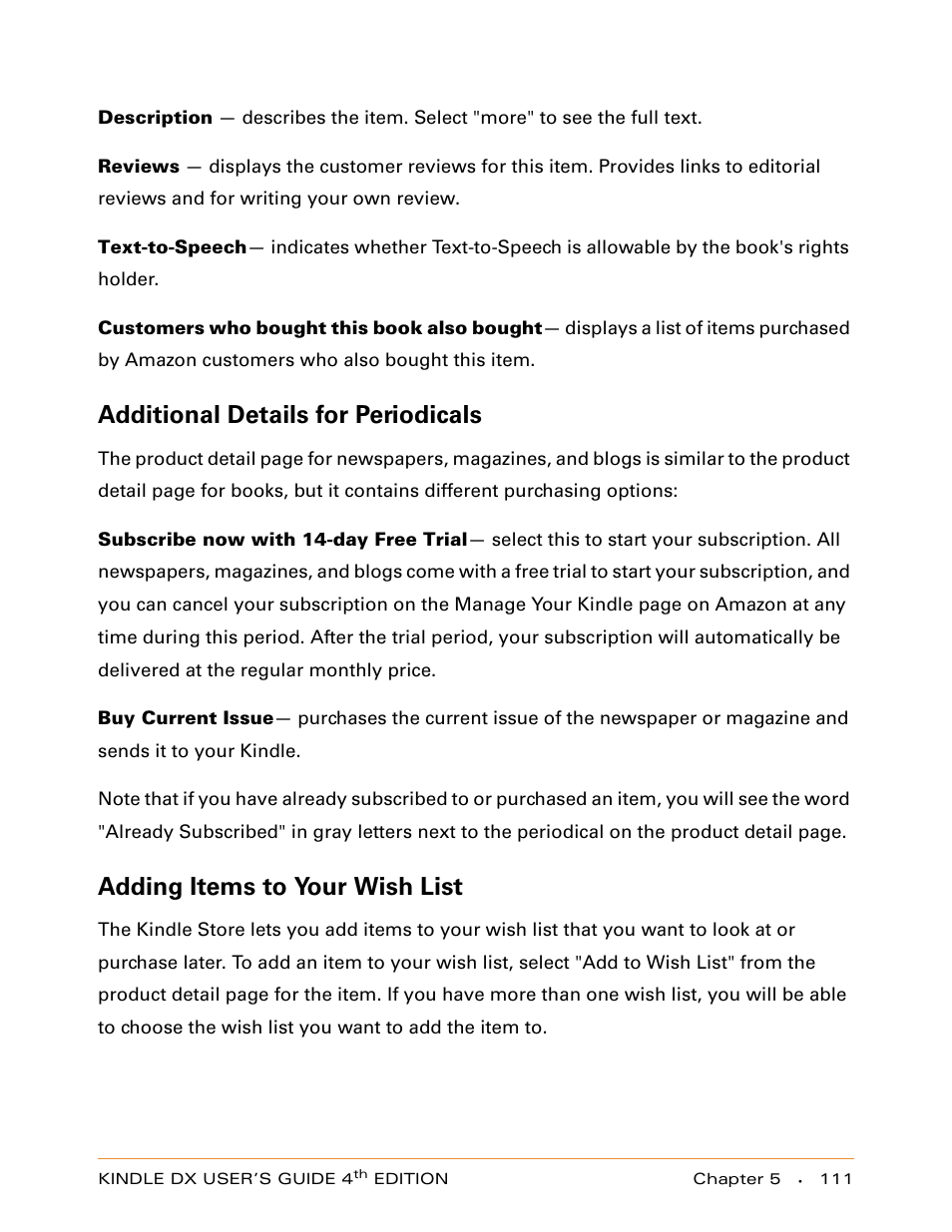 Additional details for periodicals, Adding items to your wish list | Amazon Technologies KINDLE DX User Manual | Page 111 / 184