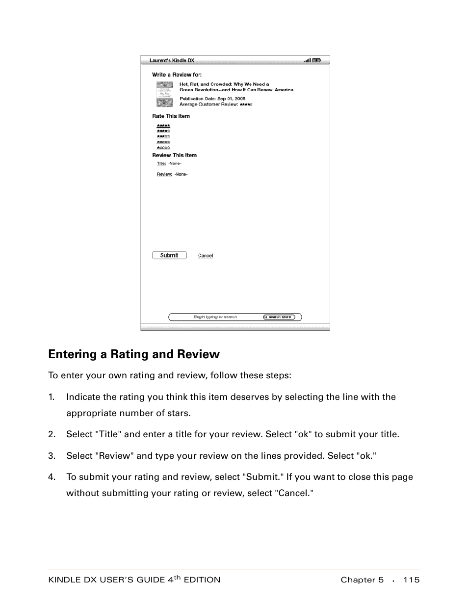 Entering a rating and review | Amazon Technologies KINDLE DX User Manual | Page 115 / 184
