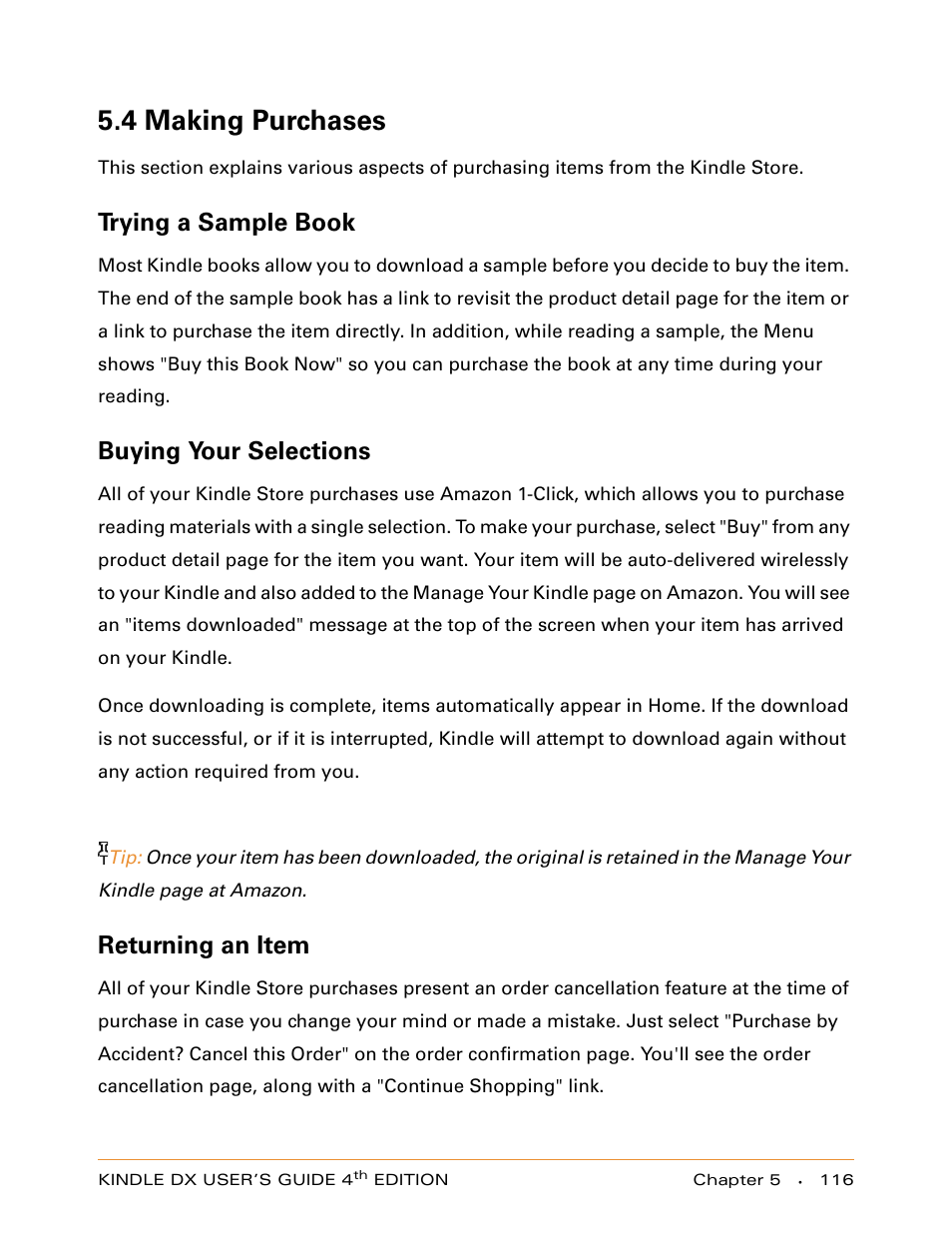 4 making purchases, Trying a sample book, Buying your selections | Returning an item | Amazon Technologies KINDLE DX User Manual | Page 116 / 184