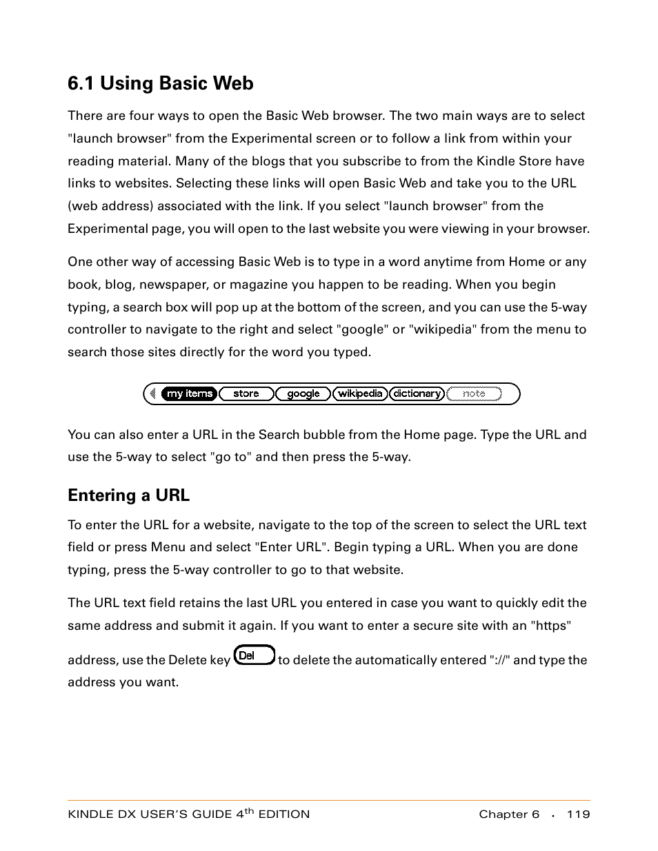 1 using basic web, Entering a url | Amazon Technologies KINDLE DX User Manual | Page 119 / 184