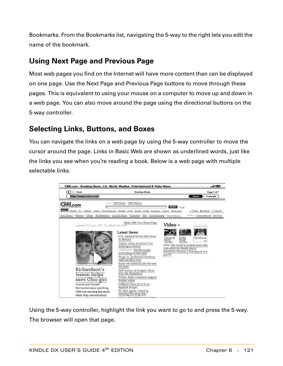 Selecting links, buttons, and boxes, Using next page and previous page | Amazon Technologies KINDLE DX User Manual | Page 121 / 184