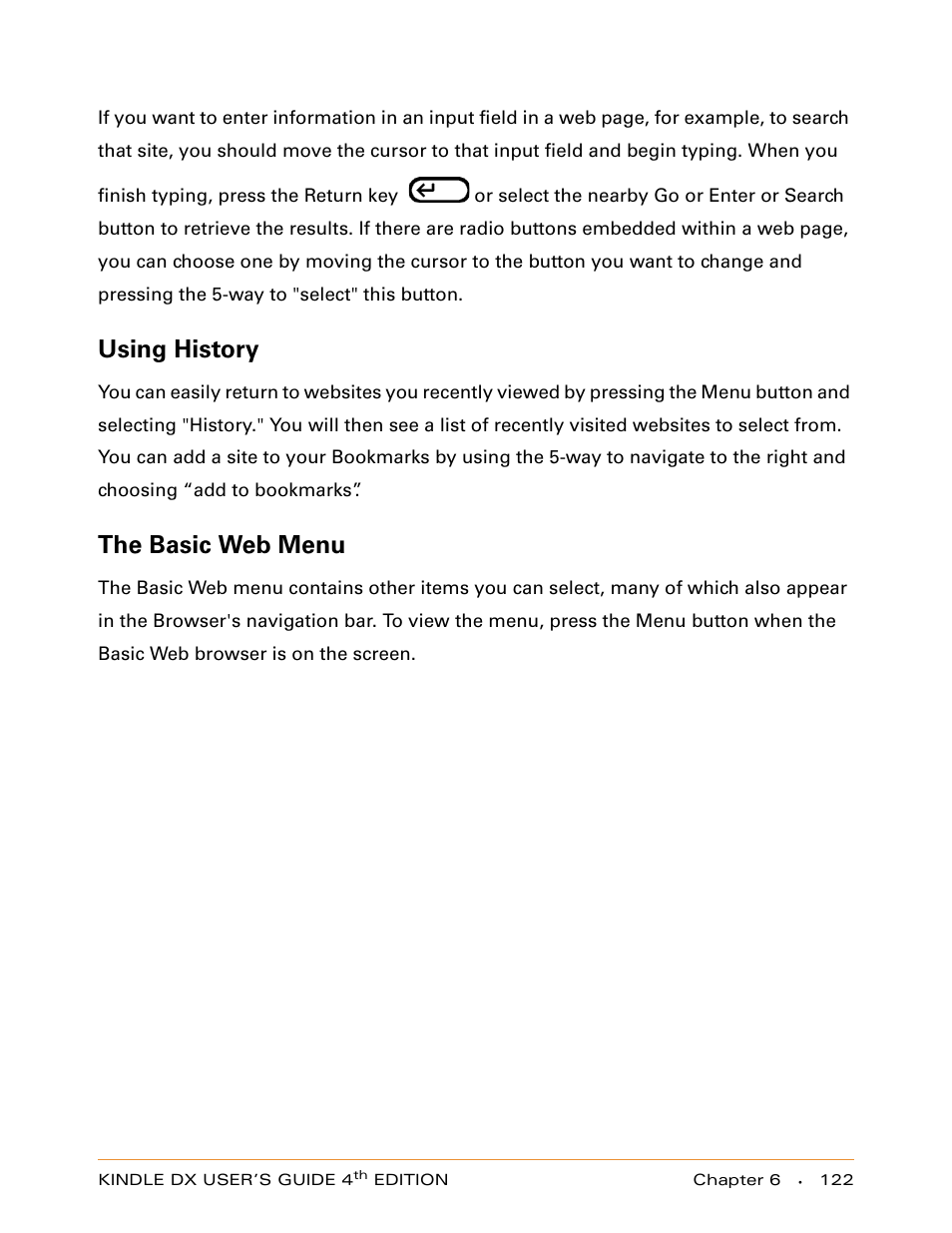 Using history, The basic web menu | Amazon Technologies KINDLE DX User Manual | Page 122 / 184