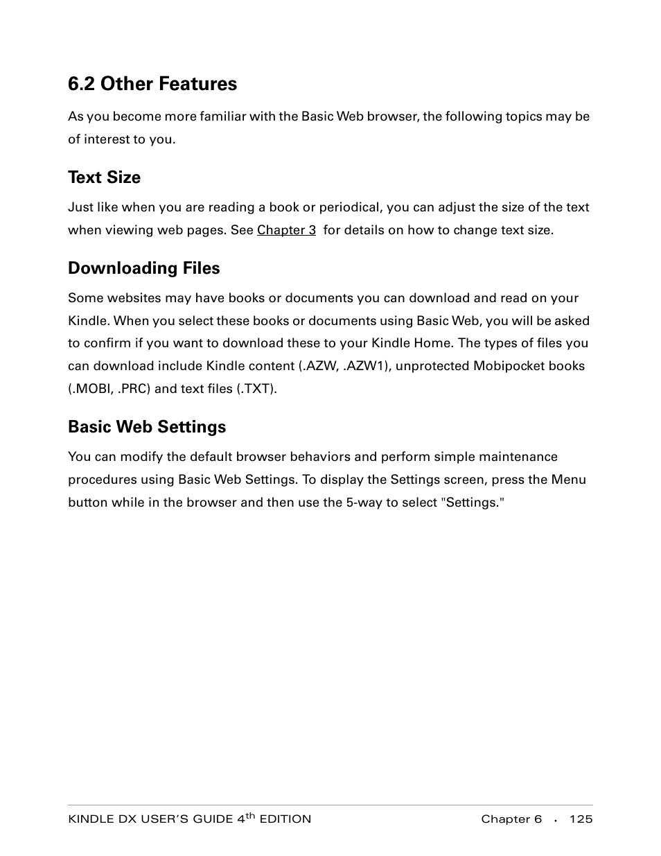 2 other features, Text size, Downloading files | Basic web settings | Amazon Technologies KINDLE DX User Manual | Page 125 / 184