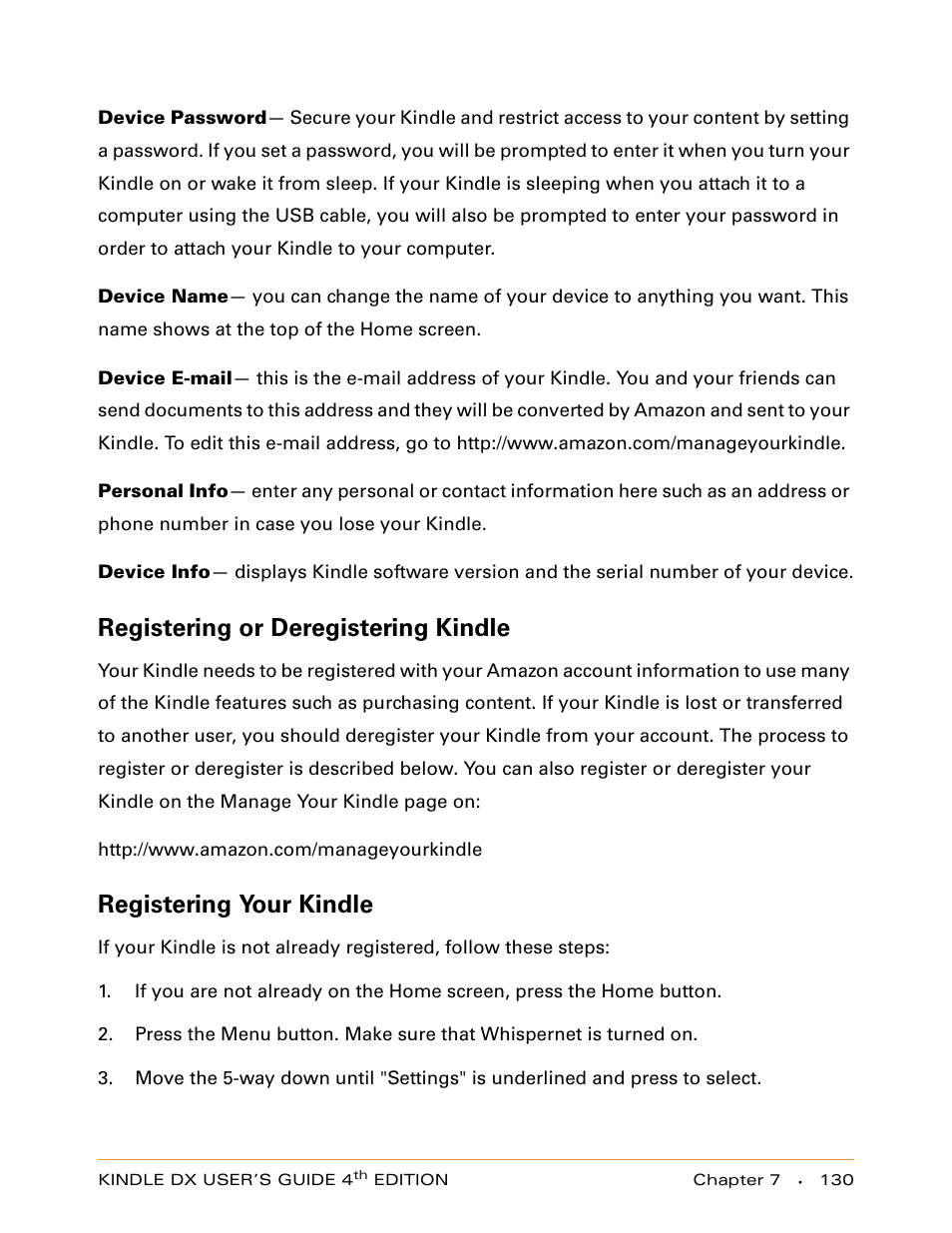 Registering or deregistering kindle, Registering your kindle | Amazon Technologies KINDLE DX User Manual | Page 130 / 184
