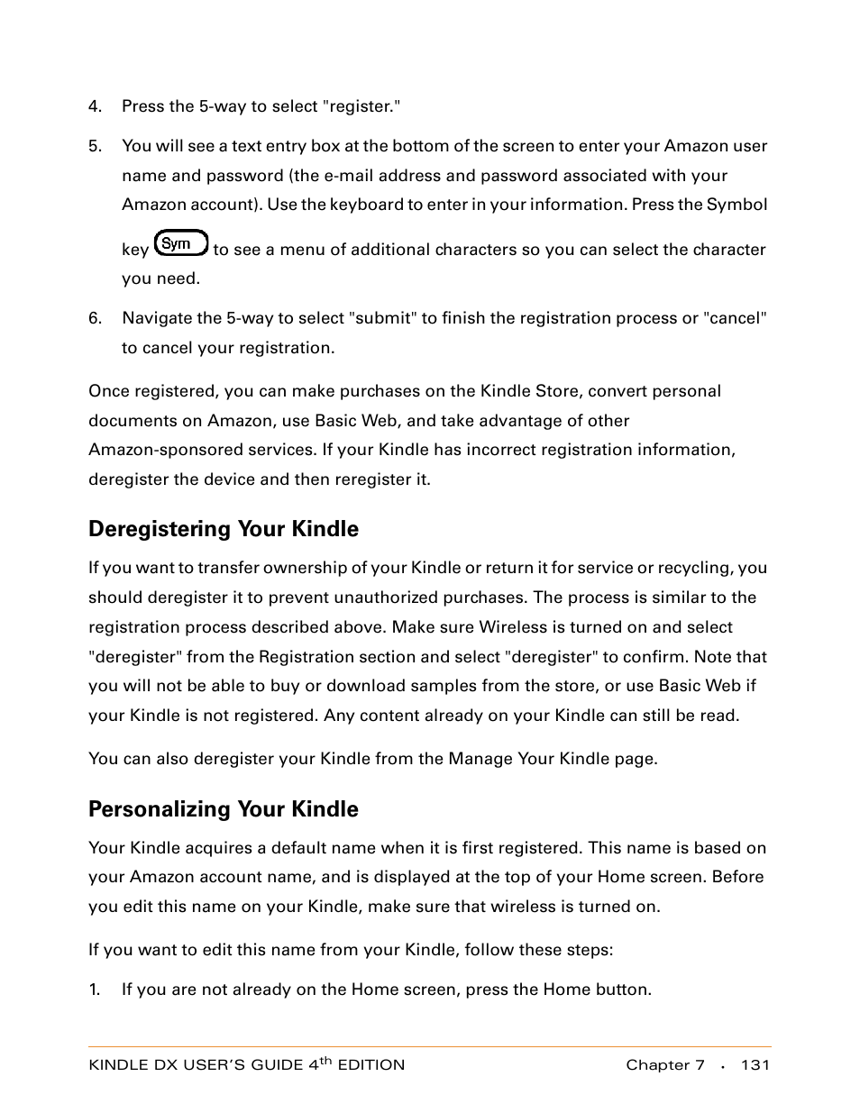 Deregistering your kindle, Personalizing your kindle | Amazon Technologies KINDLE DX User Manual | Page 131 / 184