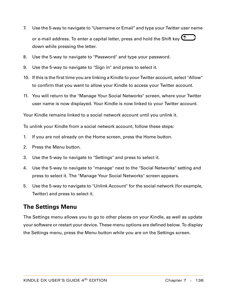 The settings menu | Amazon Technologies KINDLE DX User Manual | Page 136 / 184