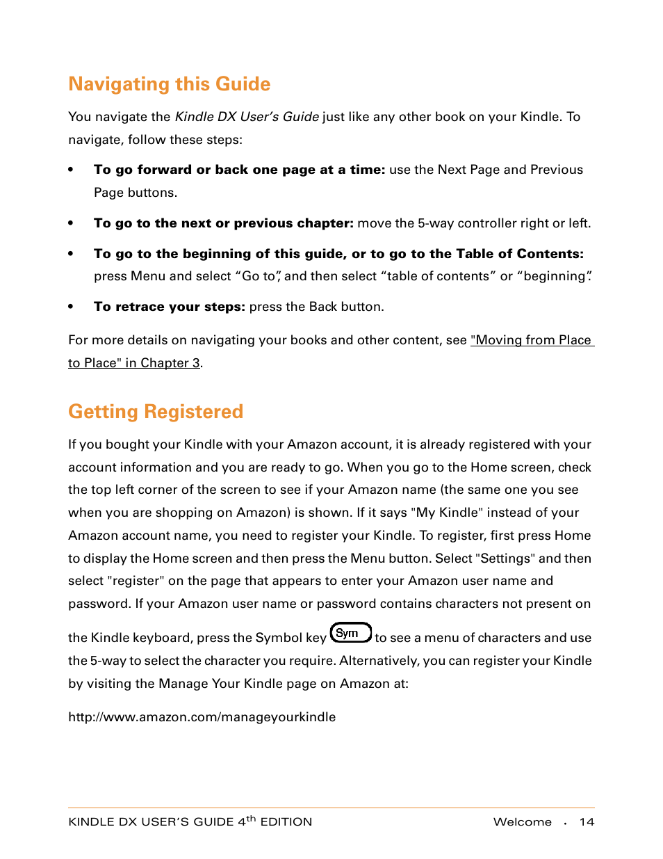 Navigating this guide, Getting registered | Amazon Technologies KINDLE DX User Manual | Page 14 / 184