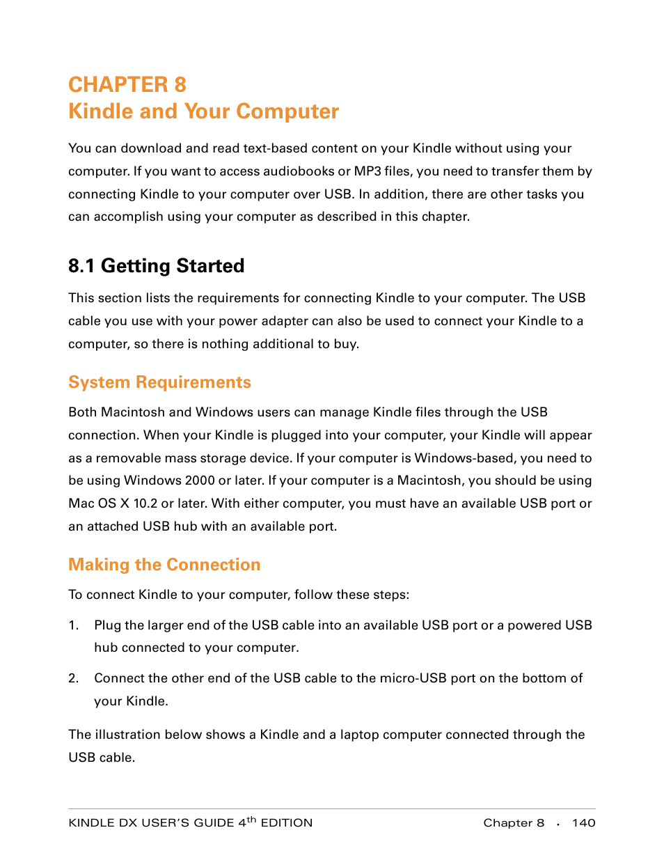 Chapter 8 kindle and your computer, 1 getting started, System requirements | Making the connection, Chapter 8, Kindle and your computer | Amazon Technologies KINDLE DX User Manual | Page 140 / 184