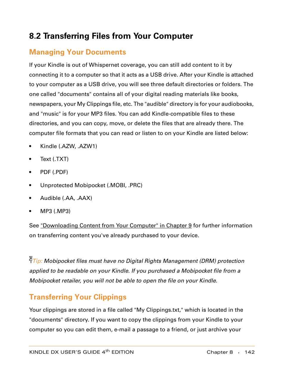2 transferring files from your computer, Managing your documents, Transferring your clippings | Amazon Technologies KINDLE DX User Manual | Page 142 / 184