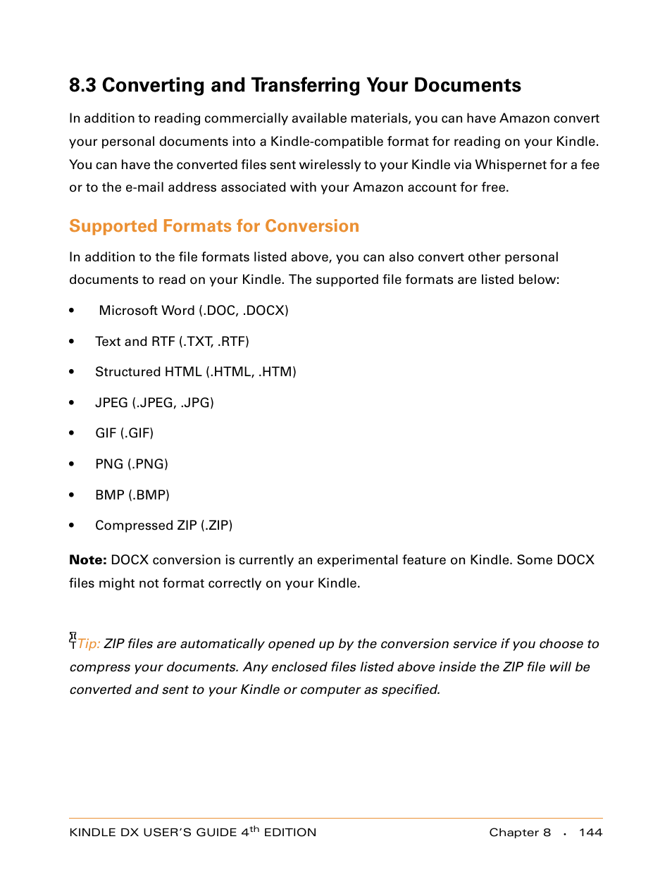 3 converting and transferring your documents, Supported formats for conversion | Amazon Technologies KINDLE DX User Manual | Page 144 / 184