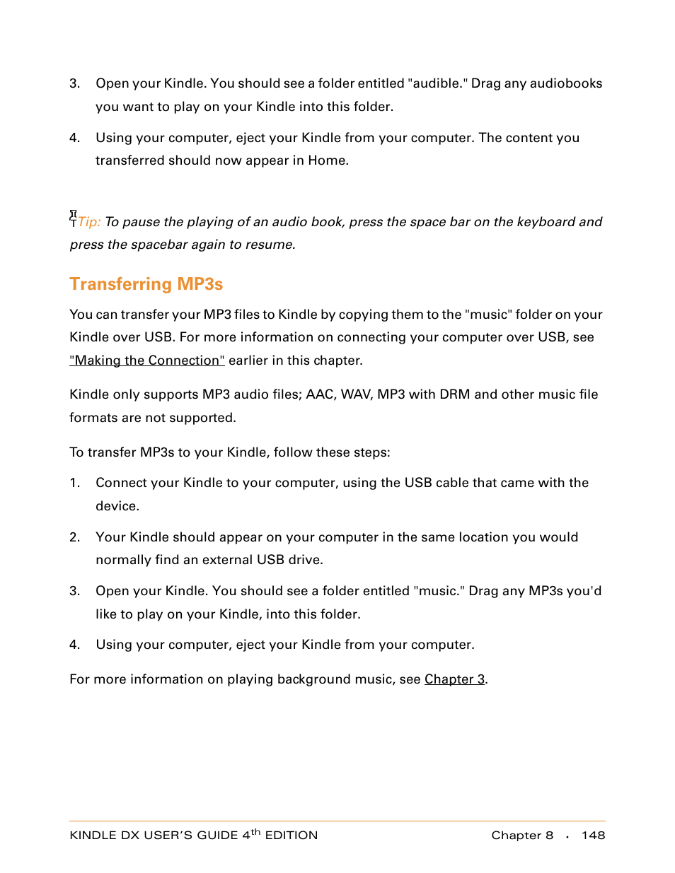 Transferring mp3s | Amazon Technologies KINDLE DX User Manual | Page 148 / 184