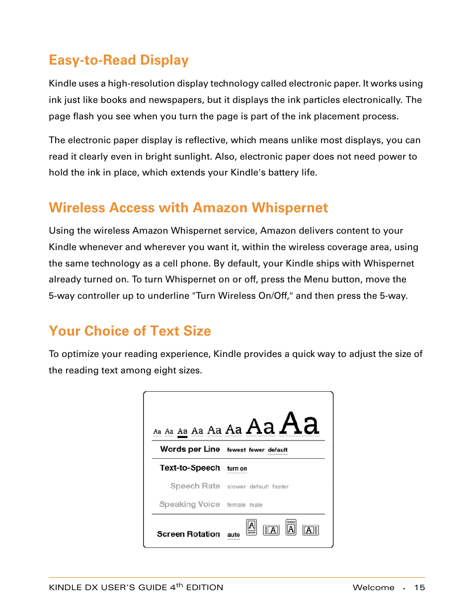 Easy-to-read display, Wireless access with amazon whispernet, Your choice of text size | Amazon Technologies KINDLE DX User Manual | Page 15 / 184