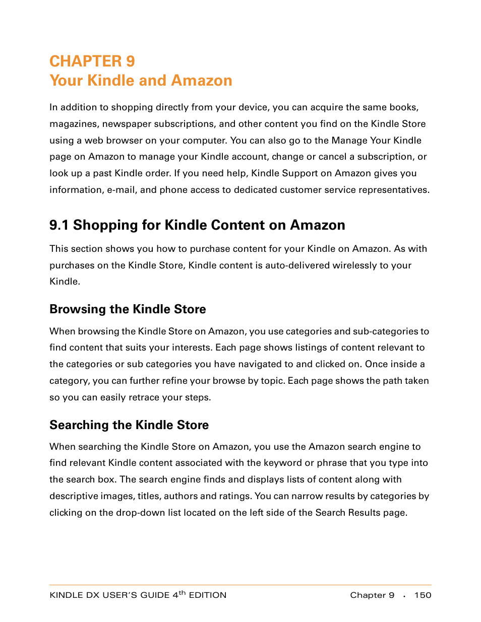 Chapter 9 your kindle and amazon, 1 shopping for kindle content on amazon, Browsing the kindle store | Searching the kindle store, Chapter 9, Your kindle and amazon | Amazon Technologies KINDLE DX User Manual | Page 150 / 184