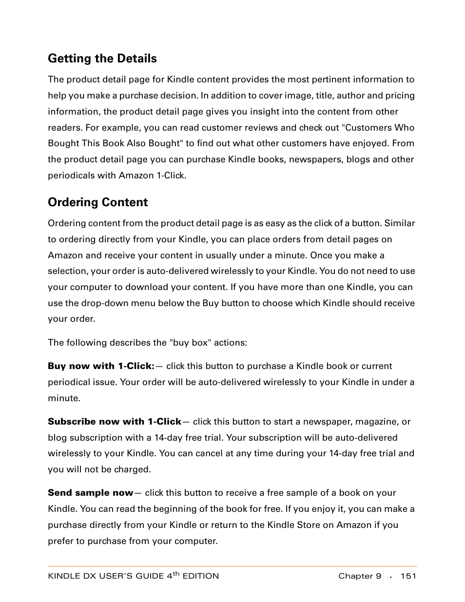 Getting the details, Ordering content | Amazon Technologies KINDLE DX User Manual | Page 151 / 184