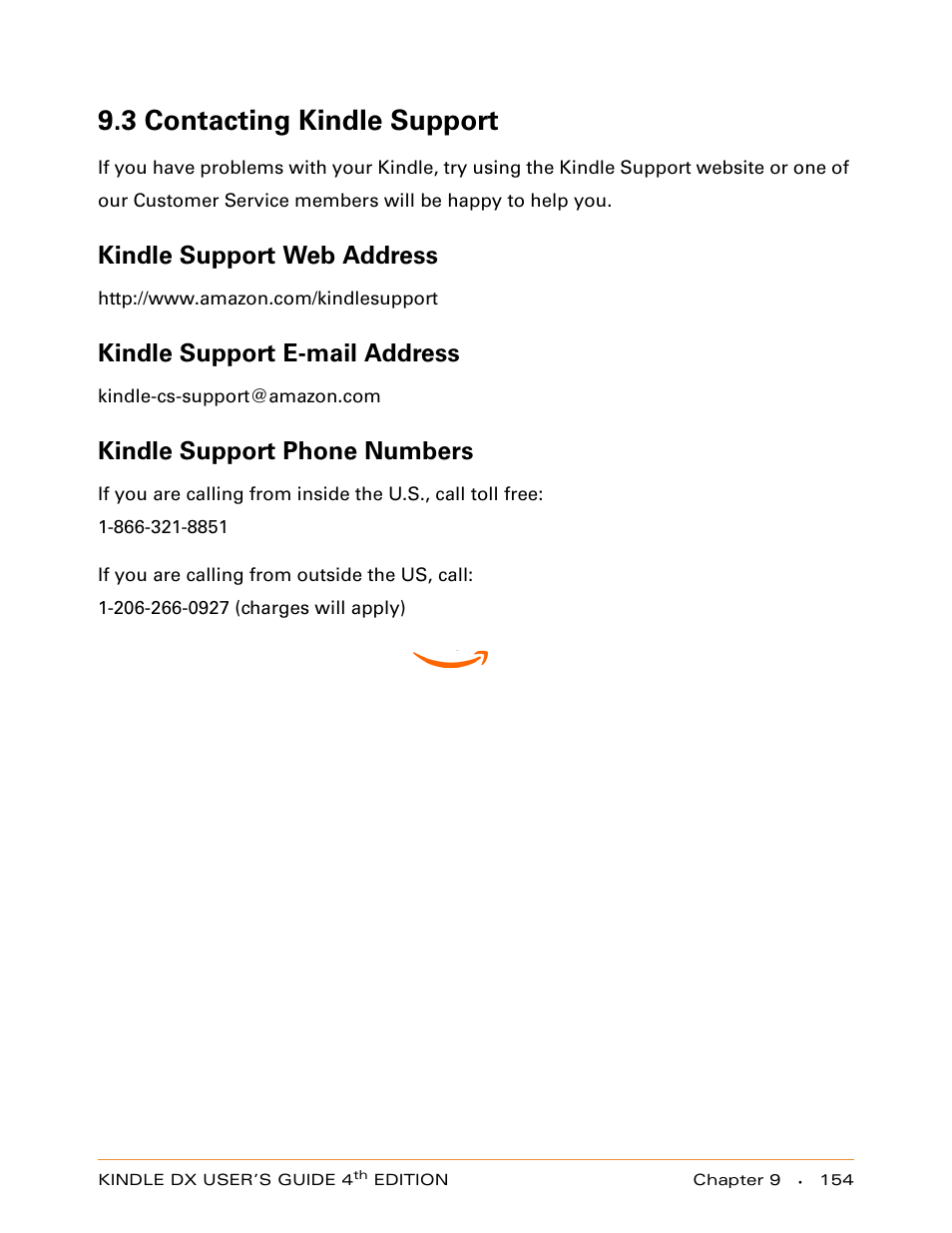 3 contacting kindle support, Kindle support web address, Kindle support e-mail address | Kindle support phone numbers | Amazon Technologies KINDLE DX User Manual | Page 154 / 184