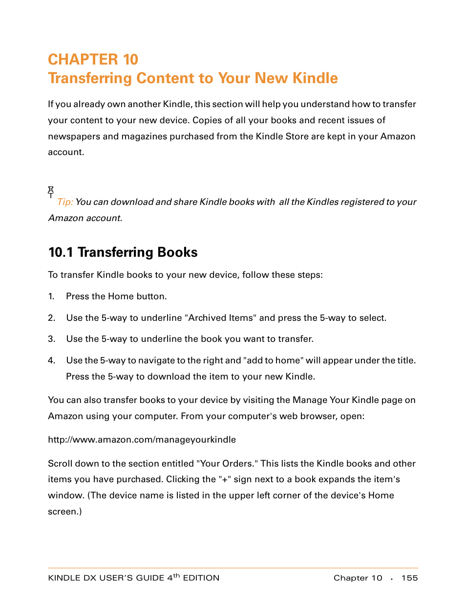 Chapter 10 transferring content to your new kindle, 1 transferring books, Chapter 10 | Transferring content to your new kindle | Amazon Technologies KINDLE DX User Manual | Page 155 / 184