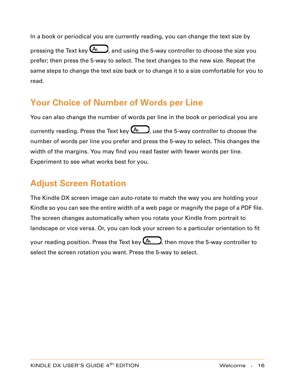 Your choice of number of words per line, Adjust screen rotation | Amazon Technologies KINDLE DX User Manual | Page 16 / 184