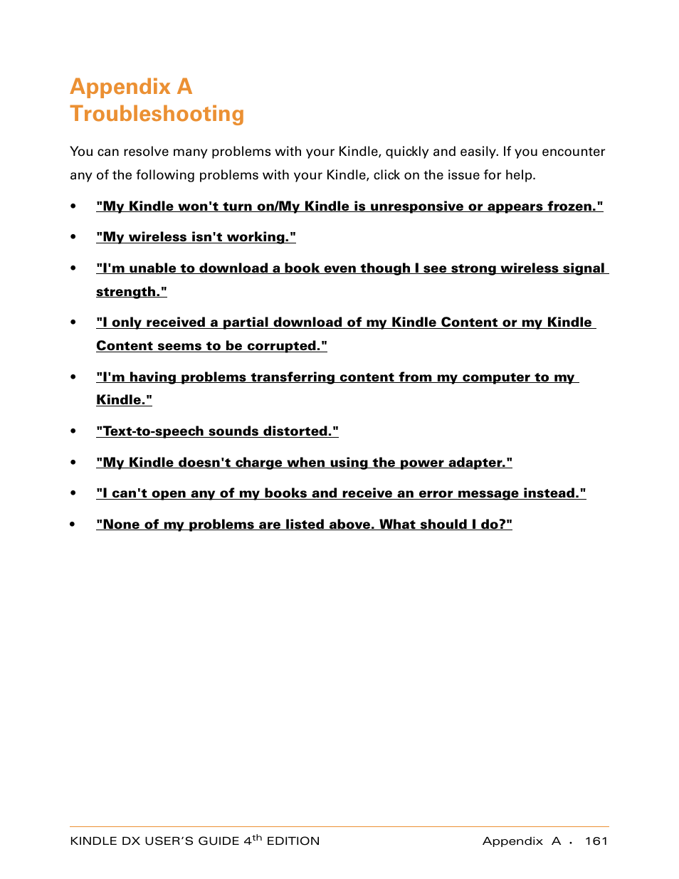 Appendix a troubleshooting, Appendix a, Troubleshooting 161 | Amazon Technologies KINDLE DX User Manual | Page 161 / 184