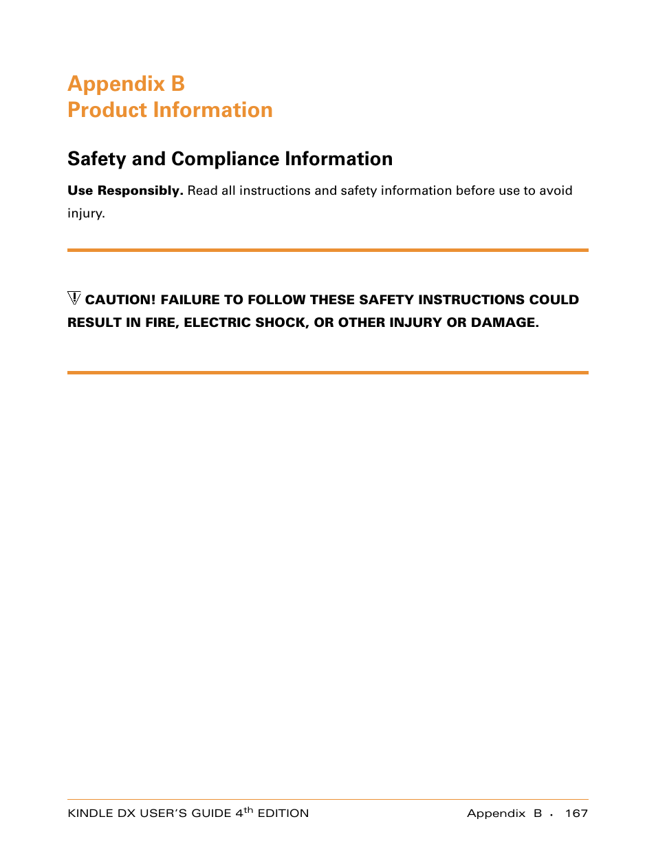 Appendix b product information, Safety and compliance information, Appendix b | Product information | Amazon Technologies KINDLE DX User Manual | Page 167 / 184