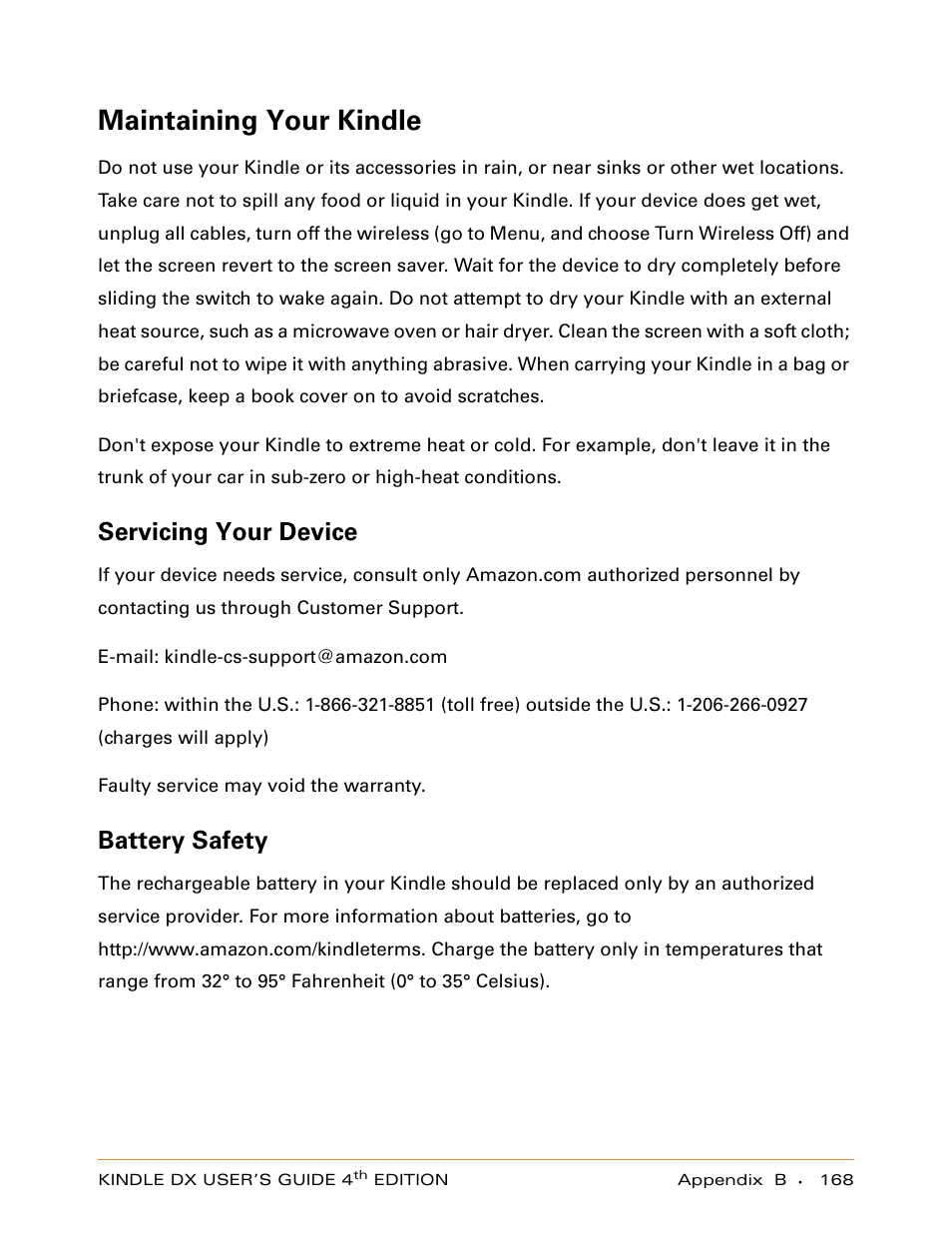 Maintaining your kindle, Servicing your device, Battery safety | Amazon Technologies KINDLE DX User Manual | Page 168 / 184
