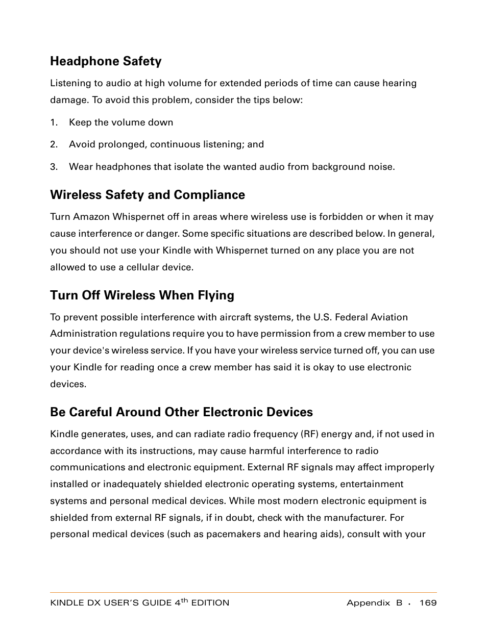 Headphone safety, Wireless safety and compliance, Turn off wireless when flying | Be careful around other electronic devices | Amazon Technologies KINDLE DX User Manual | Page 169 / 184