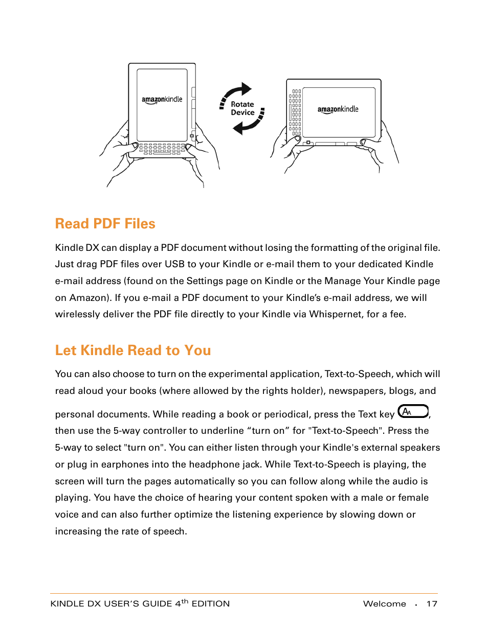 Read pdf files, Let kindle read to you | Amazon Technologies KINDLE DX User Manual | Page 17 / 184