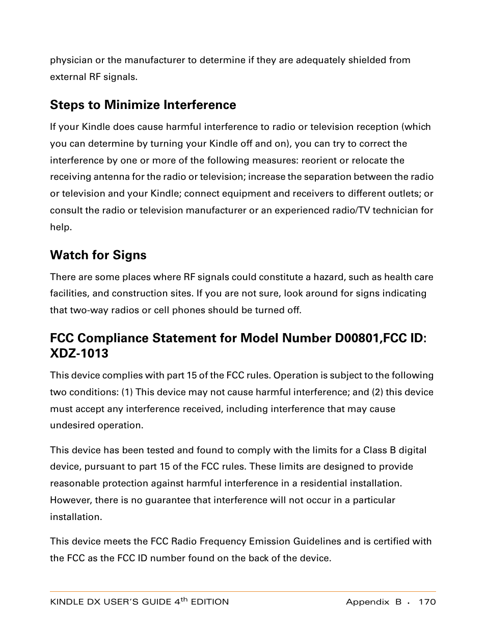 Steps to minimize interference, Watch for signs | Amazon Technologies KINDLE DX User Manual | Page 170 / 184