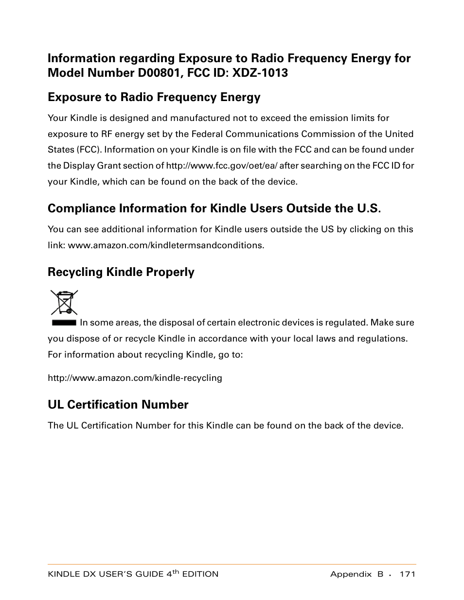Exposure to radio frequency energy, Recycling kindle properly, Ul certification number | Amazon Technologies KINDLE DX User Manual | Page 171 / 184