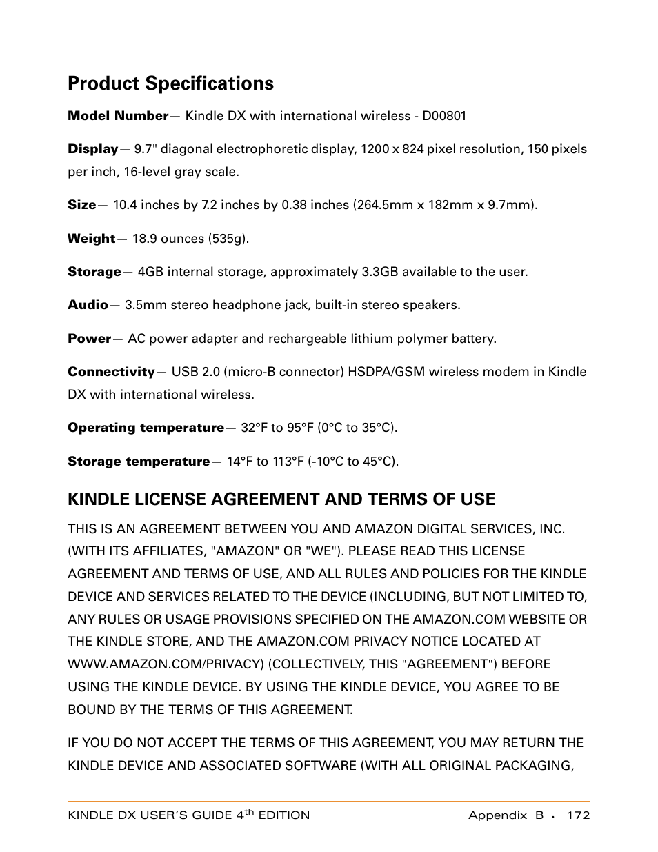 Product specifications, Kindle license agreement and terms of use | Amazon Technologies KINDLE DX User Manual | Page 172 / 184
