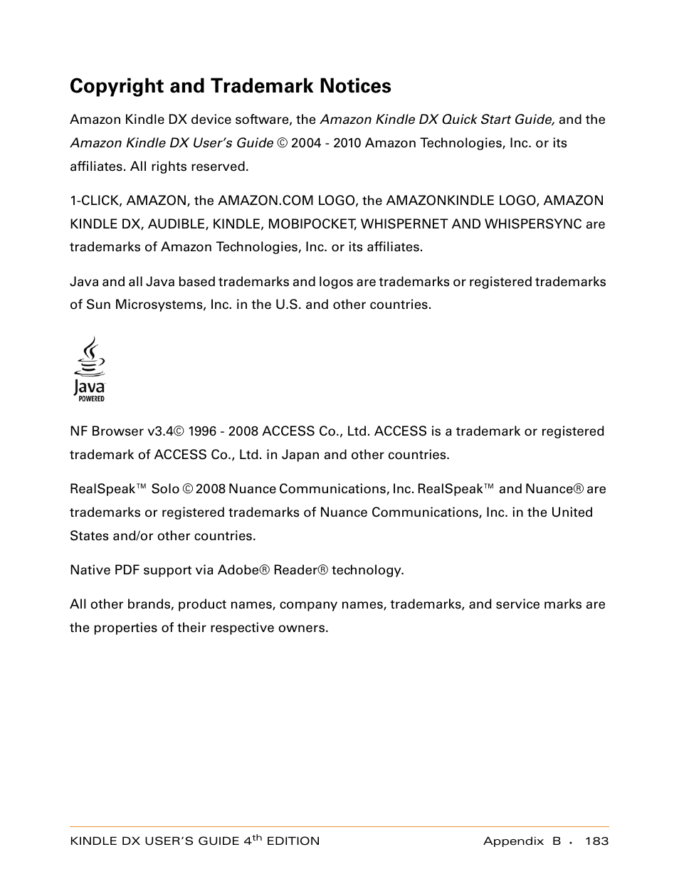 Copyright and trademark notices | Amazon Technologies KINDLE DX User Manual | Page 183 / 184