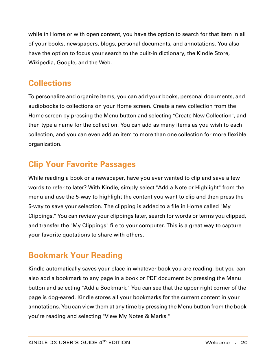 Collections, Clip your favorite passages, Bookmark your reading | Amazon Technologies KINDLE DX User Manual | Page 20 / 184