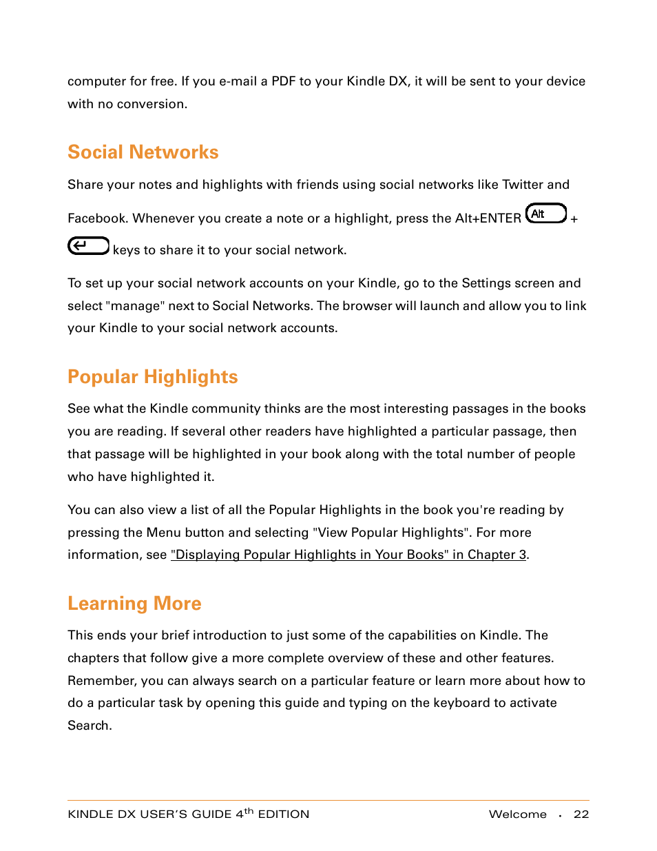 Social networks, Popular highlights, Learning more | Amazon Technologies KINDLE DX User Manual | Page 22 / 184