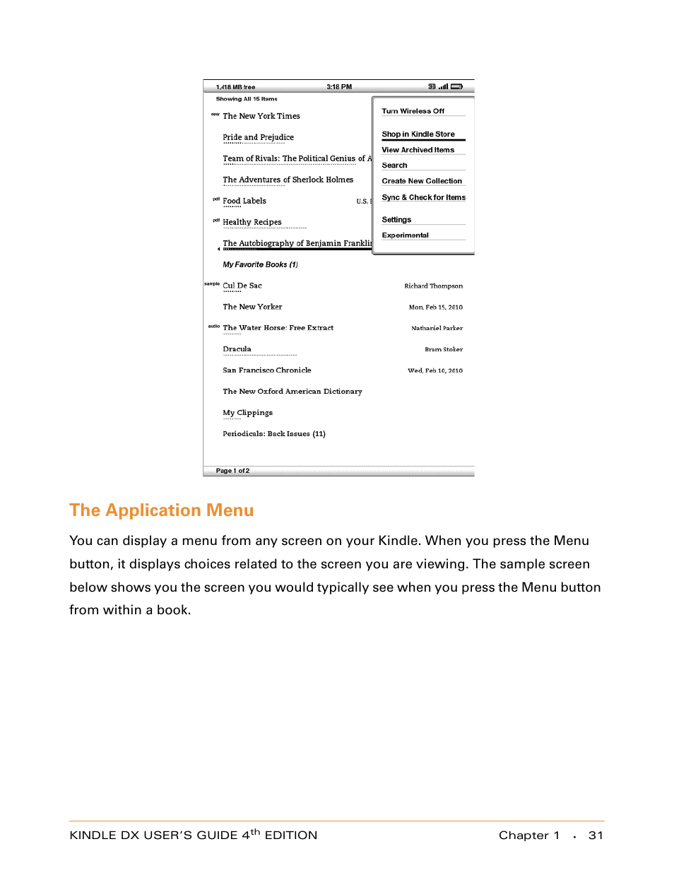 The application menu | Amazon Technologies KINDLE DX User Manual | Page 31 / 184