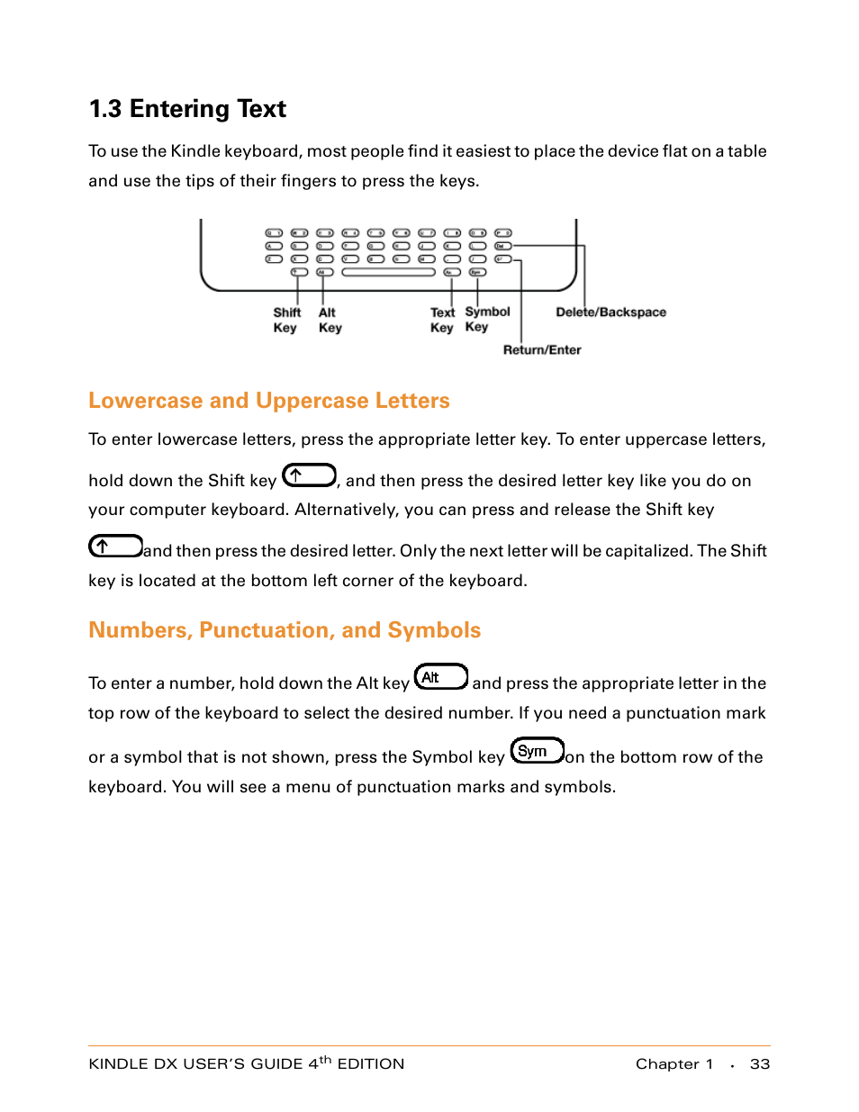 3 entering text, Lowercase and uppercase letters, Numbers, punctuation, and symbols | Amazon Technologies KINDLE DX User Manual | Page 33 / 184