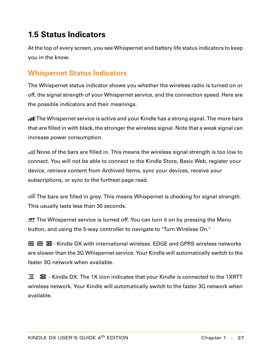 5 status indicators, Whispernet status indicators | Amazon Technologies KINDLE DX User Manual | Page 37 / 184