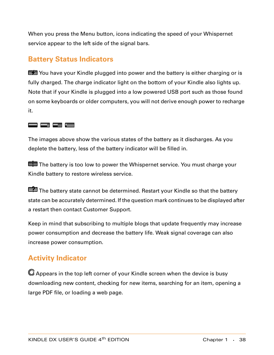 Battery status indicators, Activity indicator | Amazon Technologies KINDLE DX User Manual | Page 38 / 184