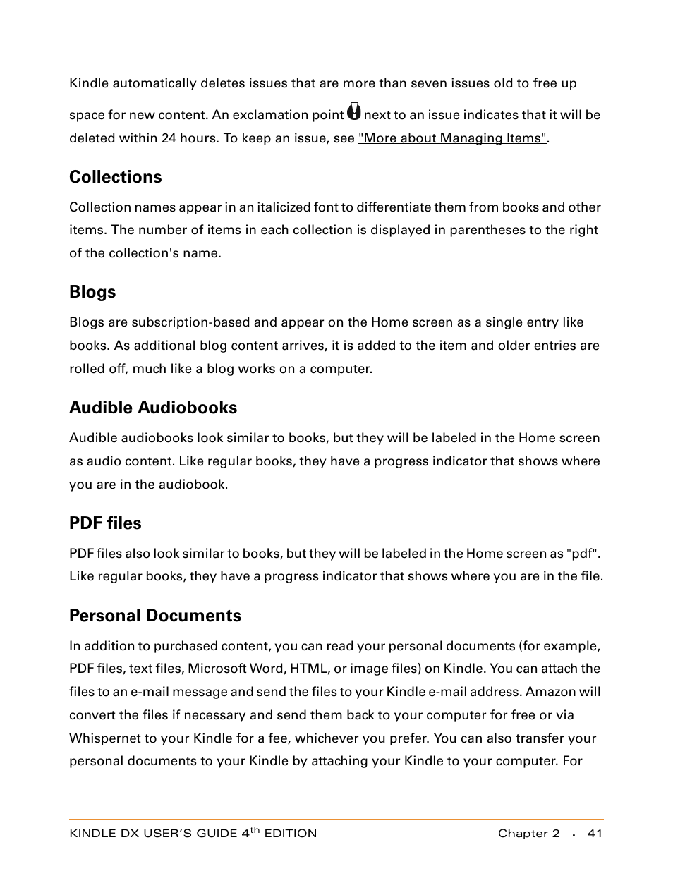 Collections, Blogs, Audible audiobooks | Pdf files, Personal documents | Amazon Technologies KINDLE DX User Manual | Page 41 / 184