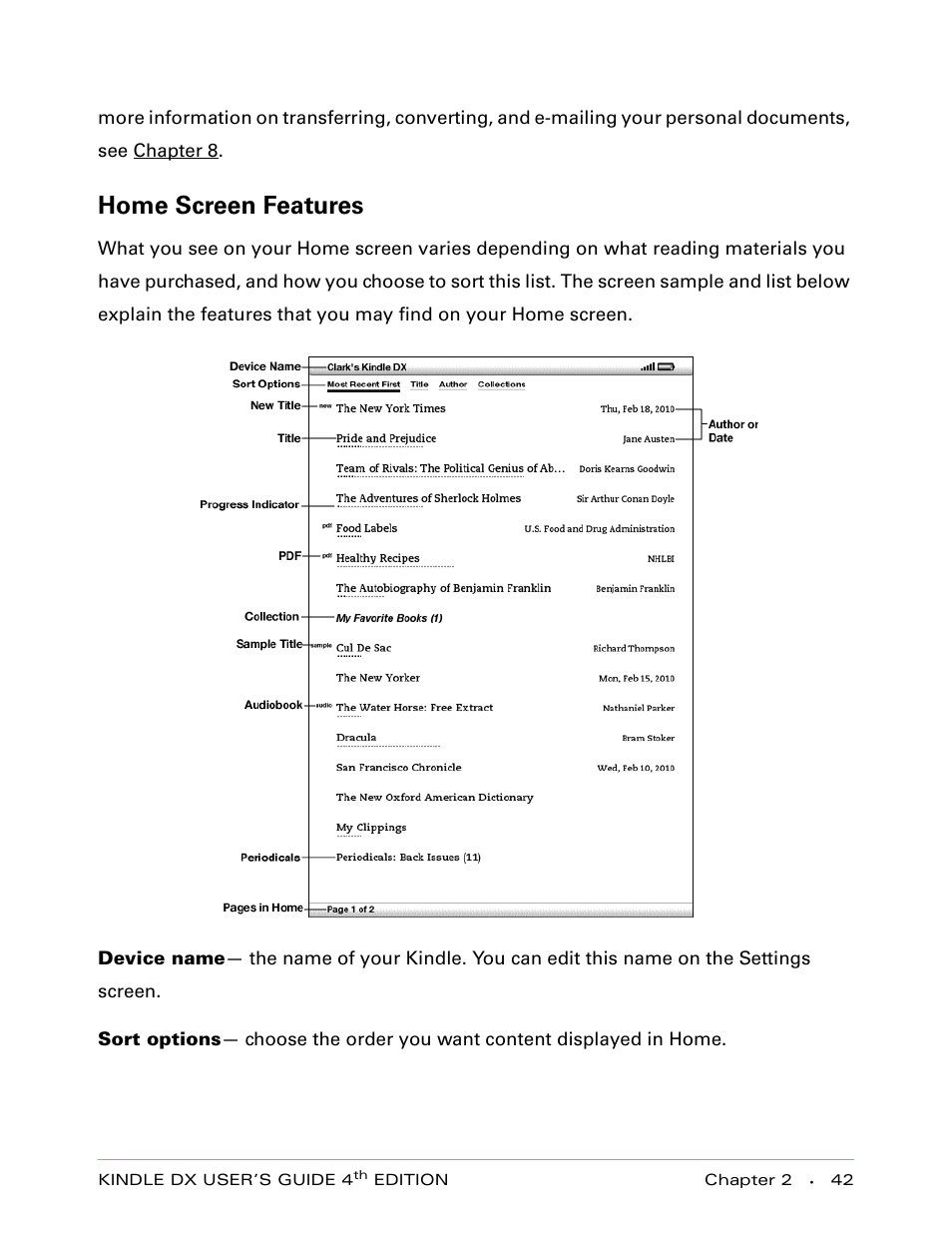Home screen features | Amazon Technologies KINDLE DX User Manual | Page 42 / 184