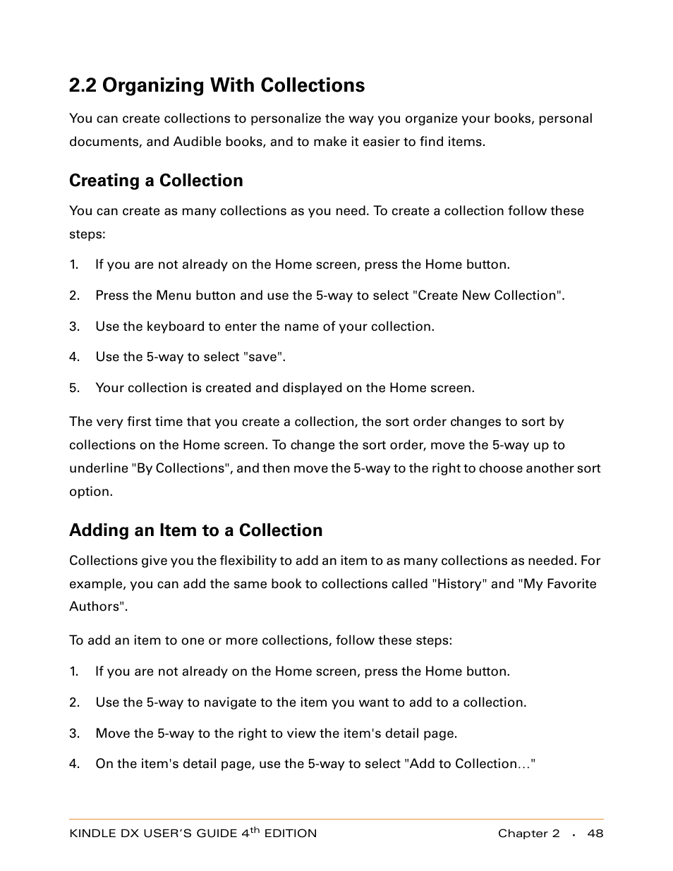 2 organizing with collections, Creating a collection, Adding an item to a collection | Amazon Technologies KINDLE DX User Manual | Page 48 / 184