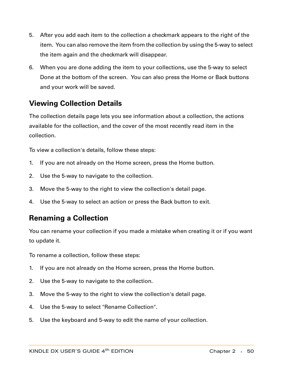 Viewing collection details, Renaming a collection | Amazon Technologies KINDLE DX User Manual | Page 50 / 184