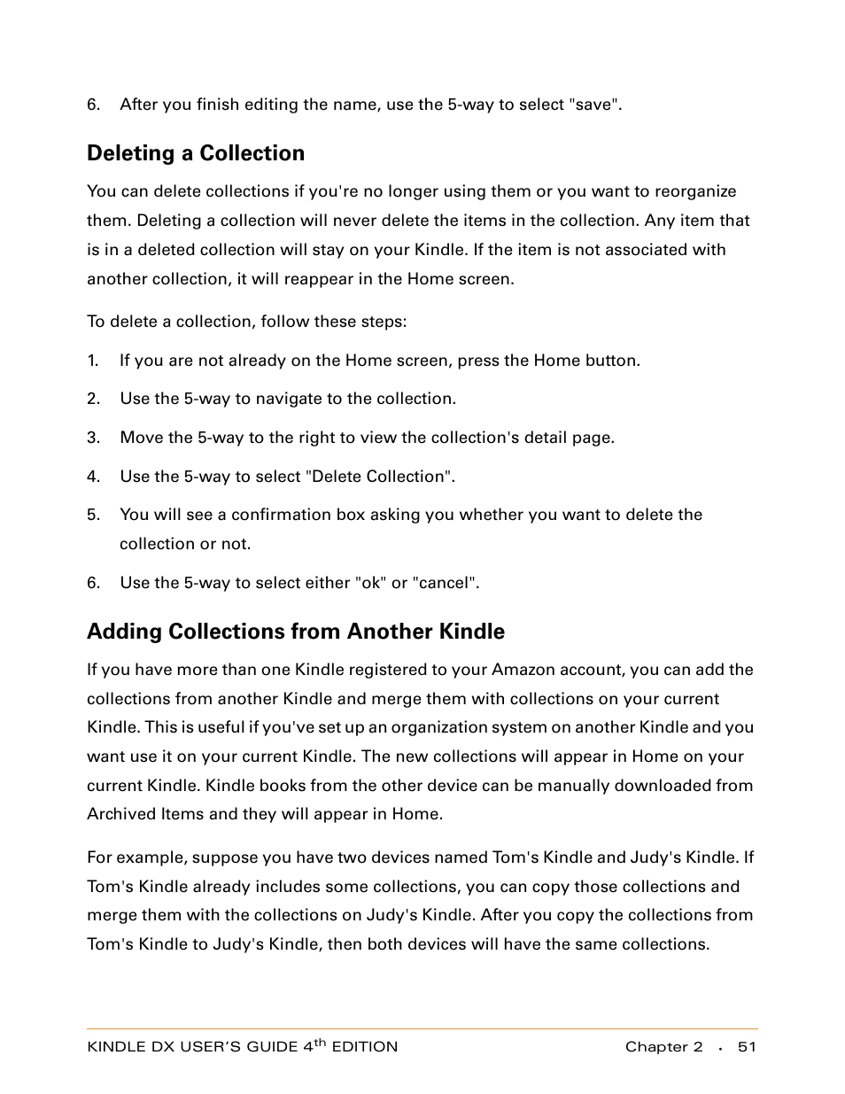 Deleting a collection, Adding collections from another kindle | Amazon Technologies KINDLE DX User Manual | Page 51 / 184