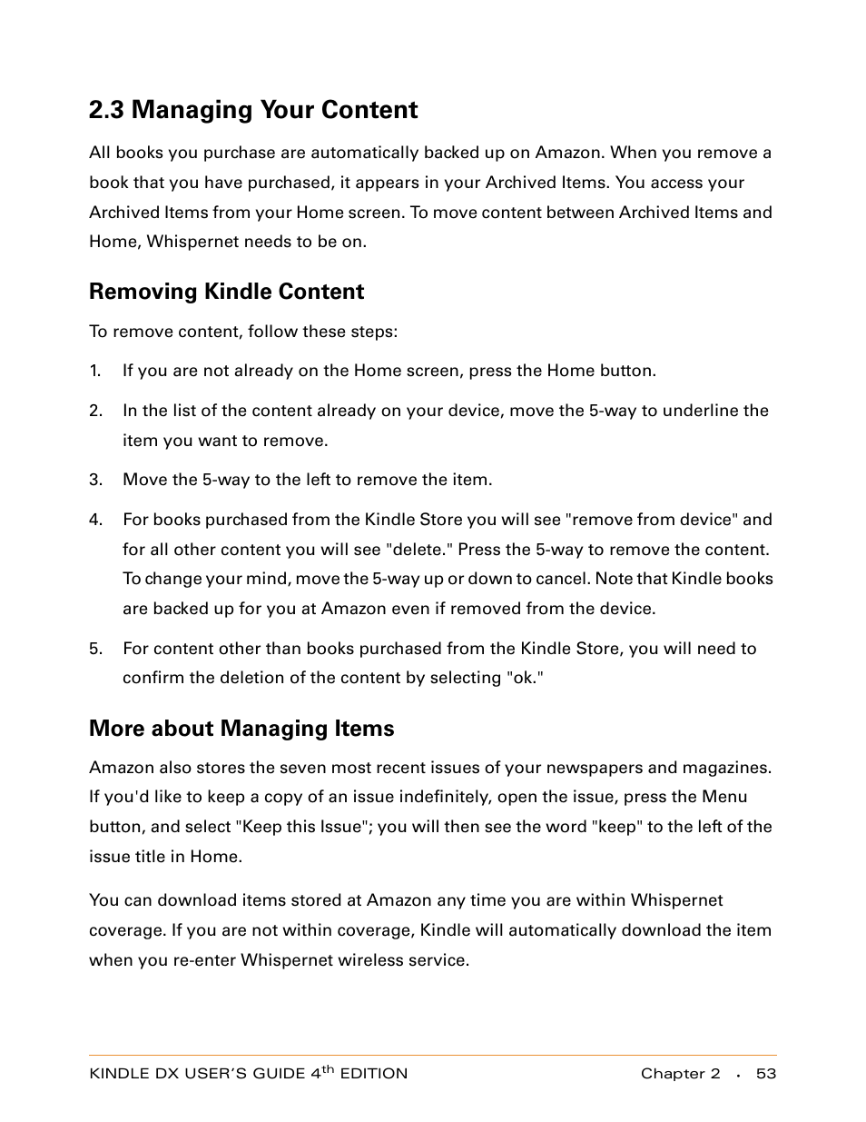 3 managing your content, Removing kindle content, More about managing items | Amazon Technologies KINDLE DX User Manual | Page 53 / 184