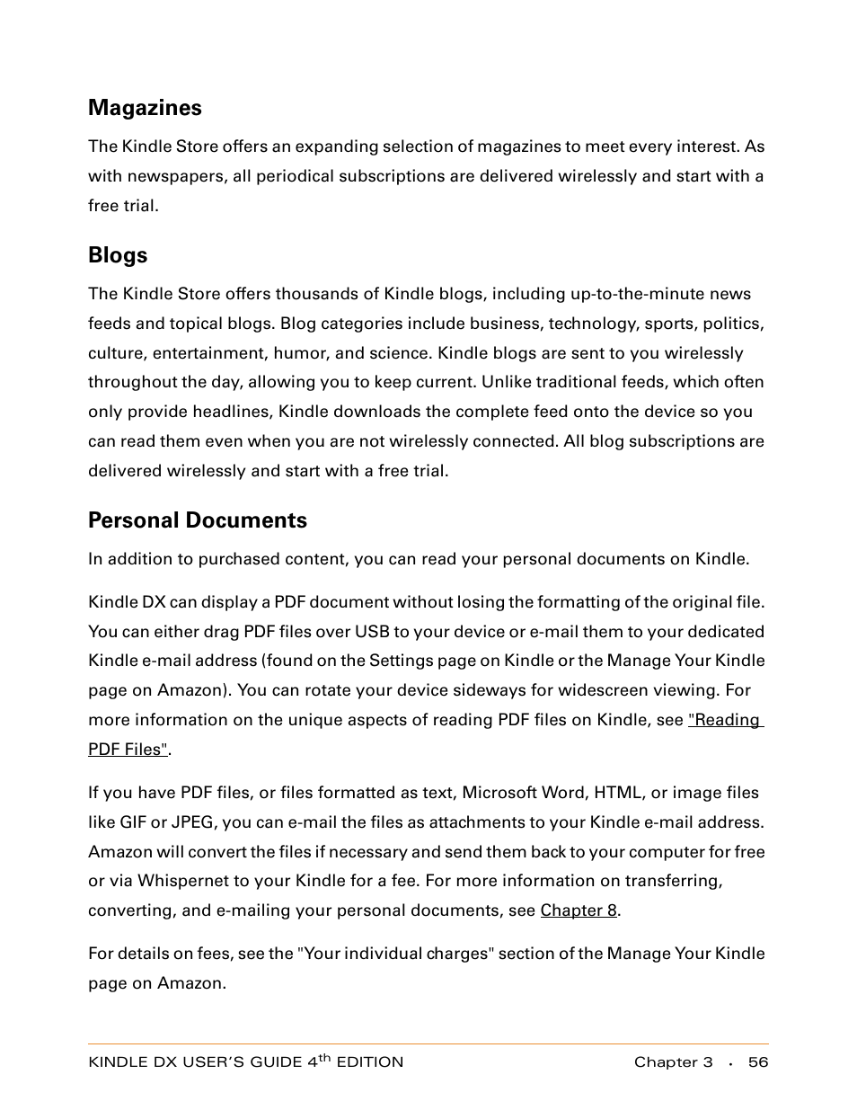 Magazines, Blogs, Personal documents | Amazon Technologies KINDLE DX User Manual | Page 56 / 184