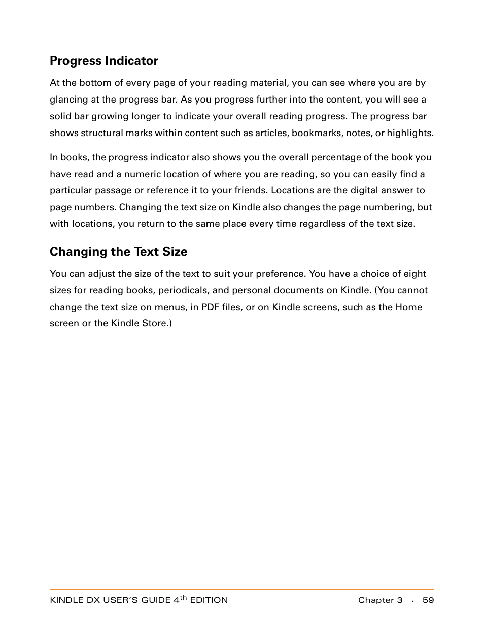 Progress indicator, Changing the text size | Amazon Technologies KINDLE DX User Manual | Page 59 / 184