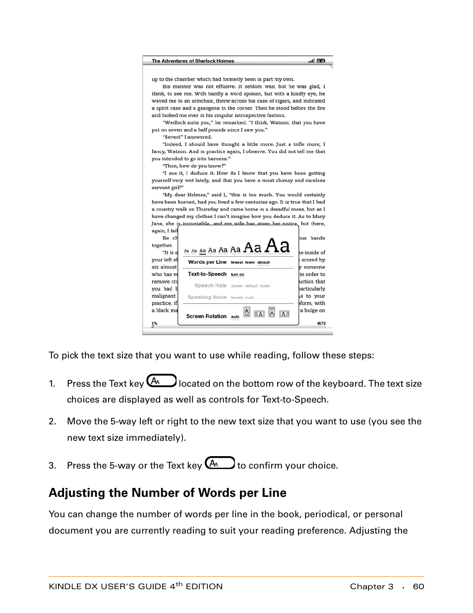 Adjusting the number of words per line | Amazon Technologies KINDLE DX User Manual | Page 60 / 184