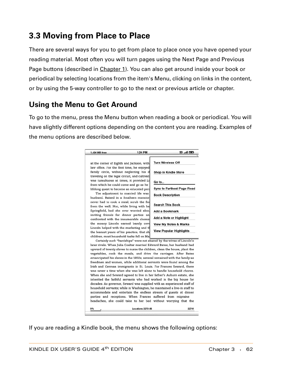 3 moving from place to place, Using the menu to get around | Amazon Technologies KINDLE DX User Manual | Page 62 / 184