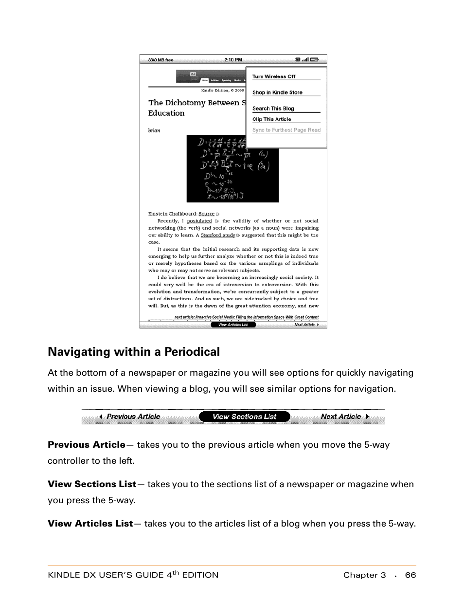 Navigating within a periodical | Amazon Technologies KINDLE DX User Manual | Page 66 / 184