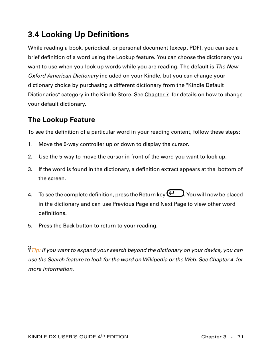 4 looking up definitions, The lookup feature | Amazon Technologies KINDLE DX User Manual | Page 71 / 184