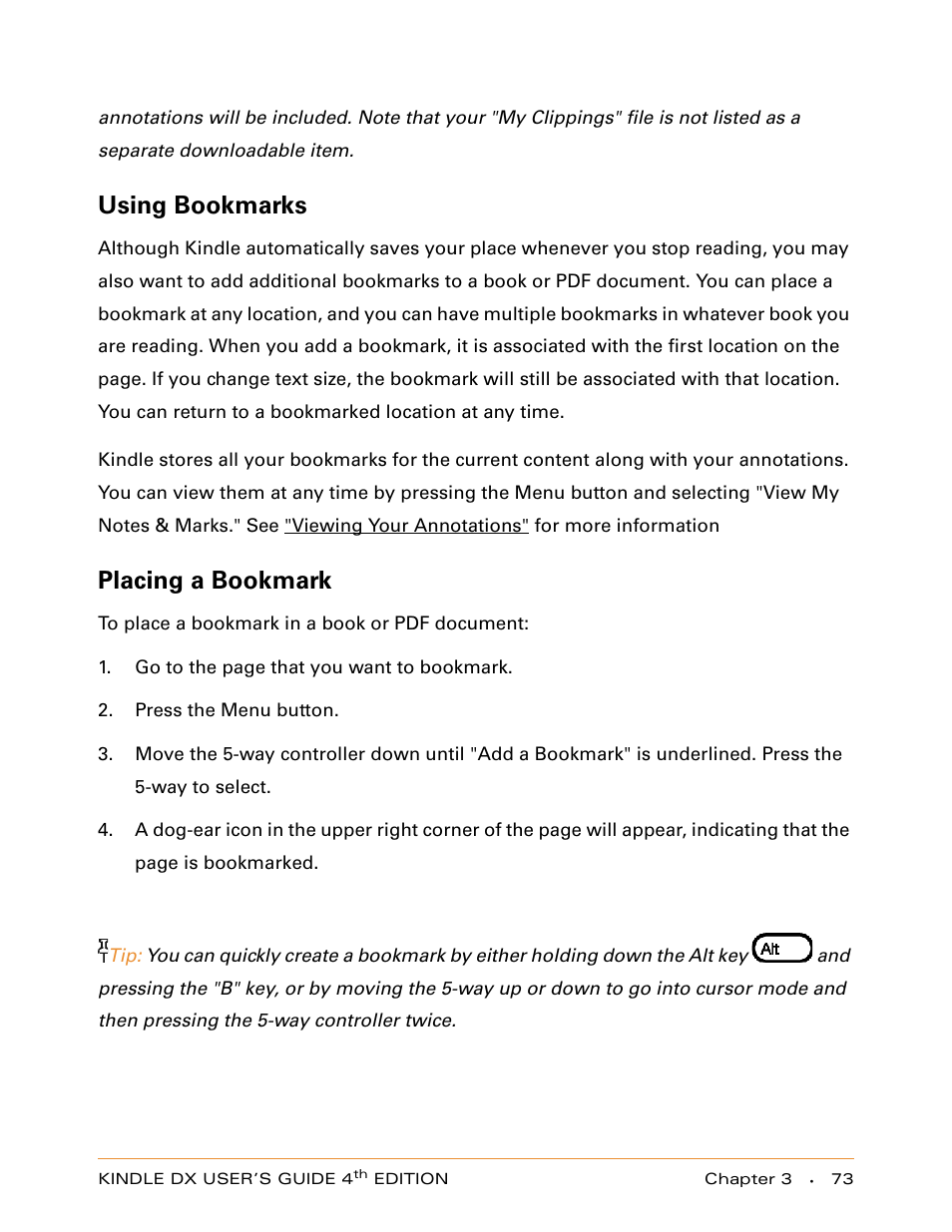 Using bookmarks, Placing a bookmark | Amazon Technologies KINDLE DX User Manual | Page 73 / 184