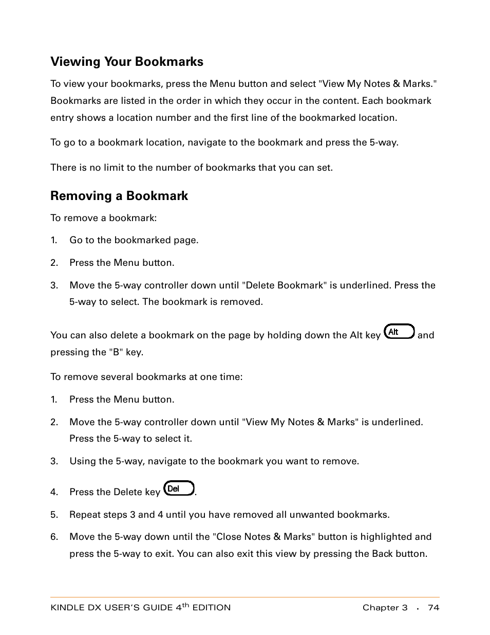 Viewing your bookmarks, Removing a bookmark | Amazon Technologies KINDLE DX User Manual | Page 74 / 184